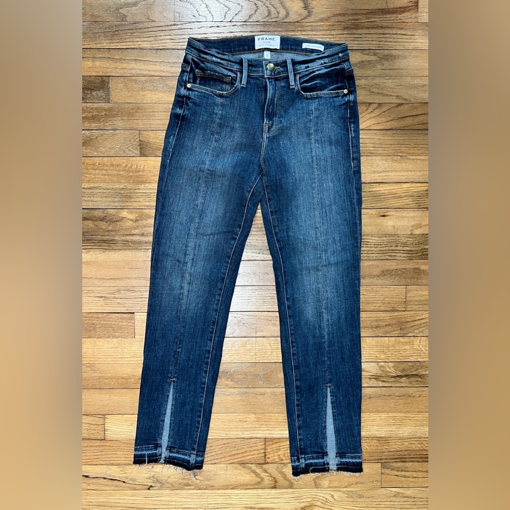 FRAME Sheffield Skinny Jeans Raw Hem Split Ankle Dark Wash Size 26
